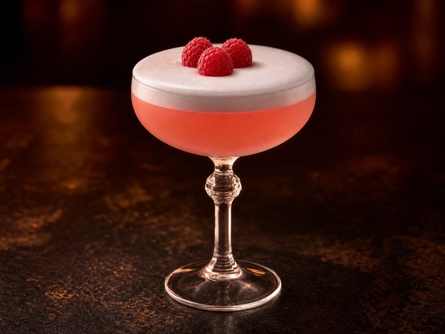 Clover Club i ett kylt coupeglas med ljusrosa drink, ljust skum och färska hallon.